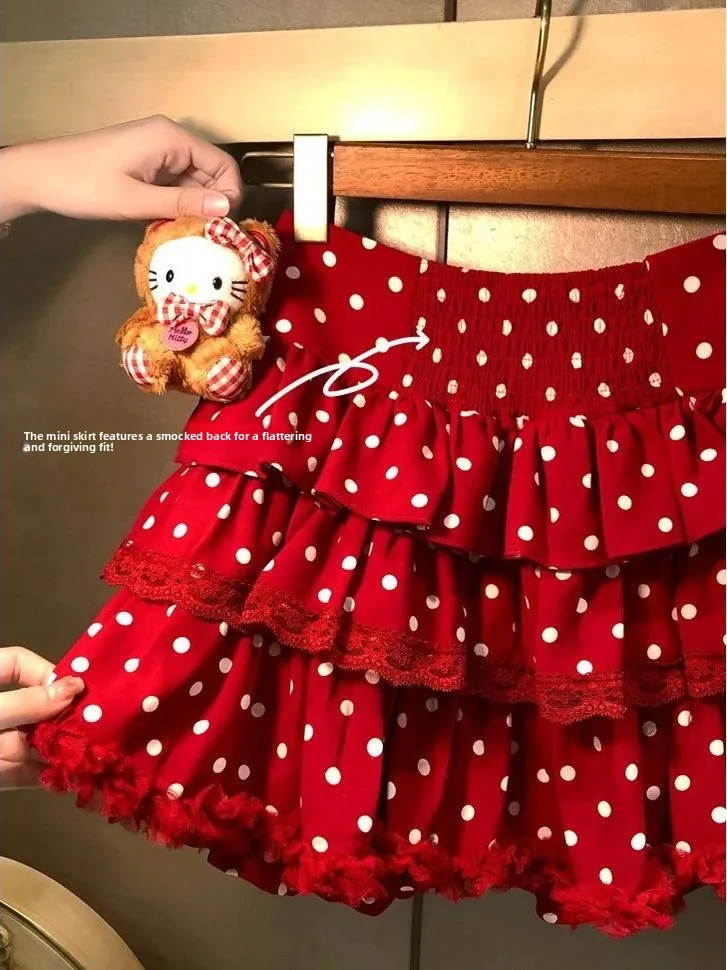 

Red Polka Dot Cake Skirt High Waist Puffy ort f-length Girls' Fro with Inner Sweet Sle Polyester Fabric