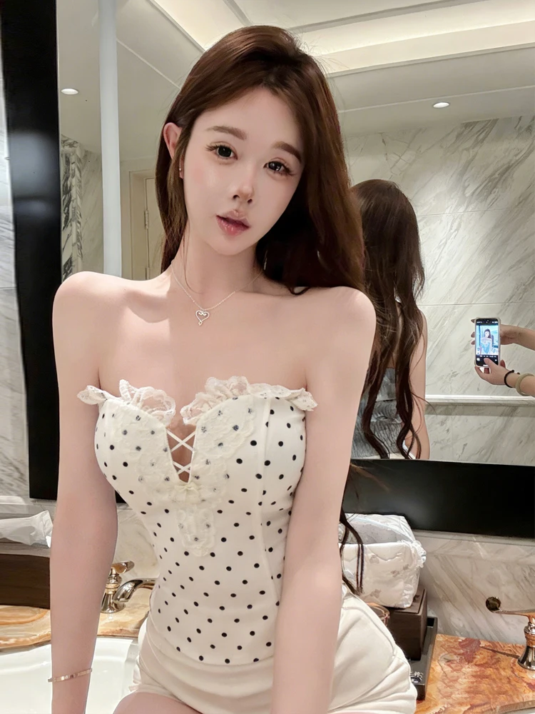 Sexy Spotted Print Bandeau Lace Trim Heart Slimming Short Top Wrap Chest Vest Straight Tube Style Breathable Casual Summer Ou...