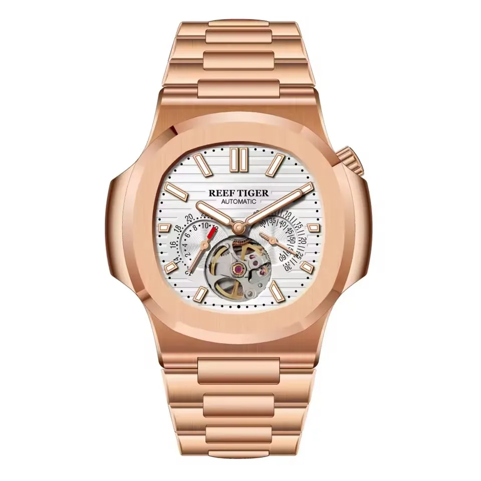 Reef Tiger Męski Zegarek Automatyczny 44mm Kwadratowy Mechaniczny Zegarek na Rękę Szafirowe Szkło Luminescencyjne Wielo Tarczowy 24 Godziny i Mała Sekunda