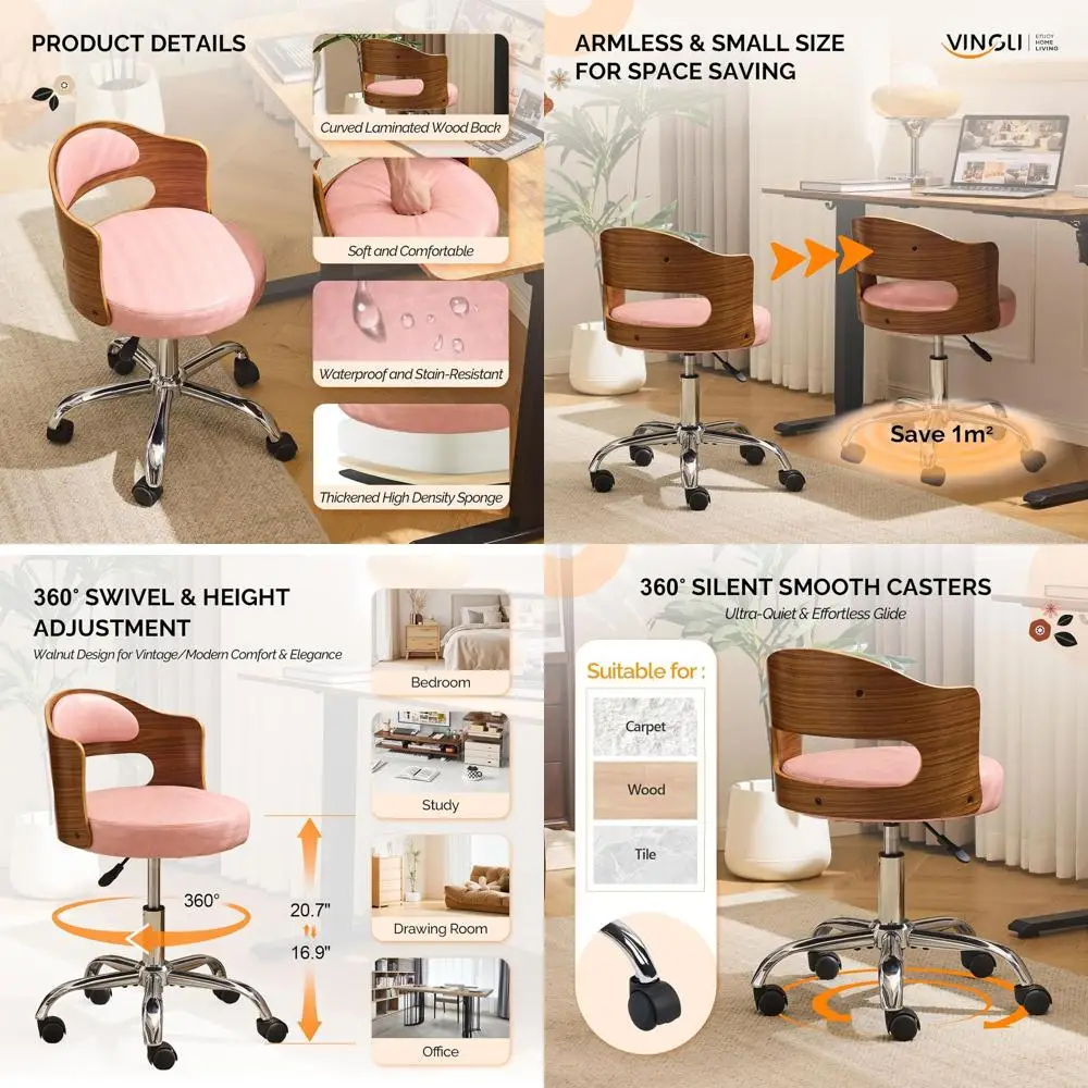 

Adjustable Swivel Desk Chair, Armless, Dual-Use with/without Wheels, Small Retro Walnut Curved, Cushioned for Study and Workspac