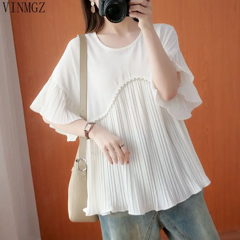 

Large size top top summer new chic loose chiffon splicing short sleeves blusas femininas com
