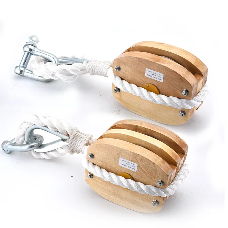 

Wood Block Pulley with Galvanized Hook for Rope Hoisting Systems