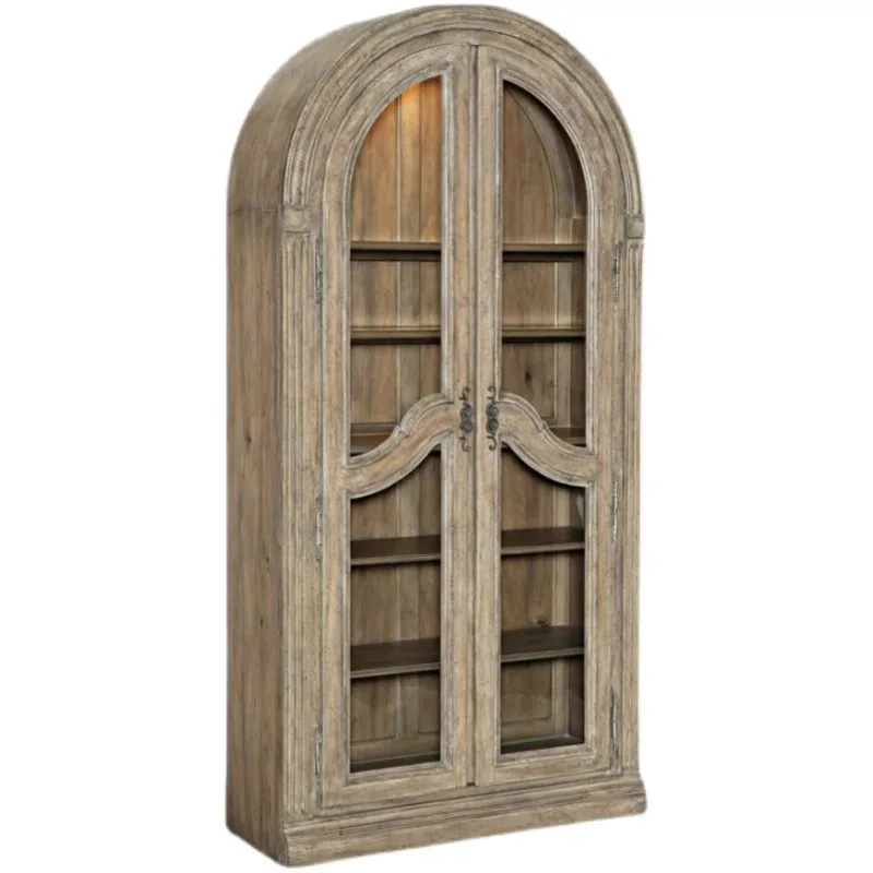 

French retro solid wood wine cabinet arched display cabinet glass door side cabinet double door locker customization