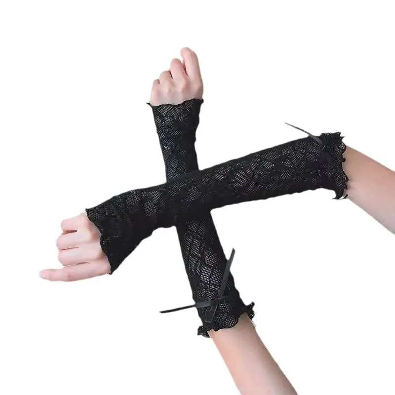Spitzen-Rüschen Y2k Handschuhe Fingerlose Handschuhe Fäustlinge JK Lolita Kawaii Damen Netz-Fischernetz Schleifenhandschuhe – Detail 7