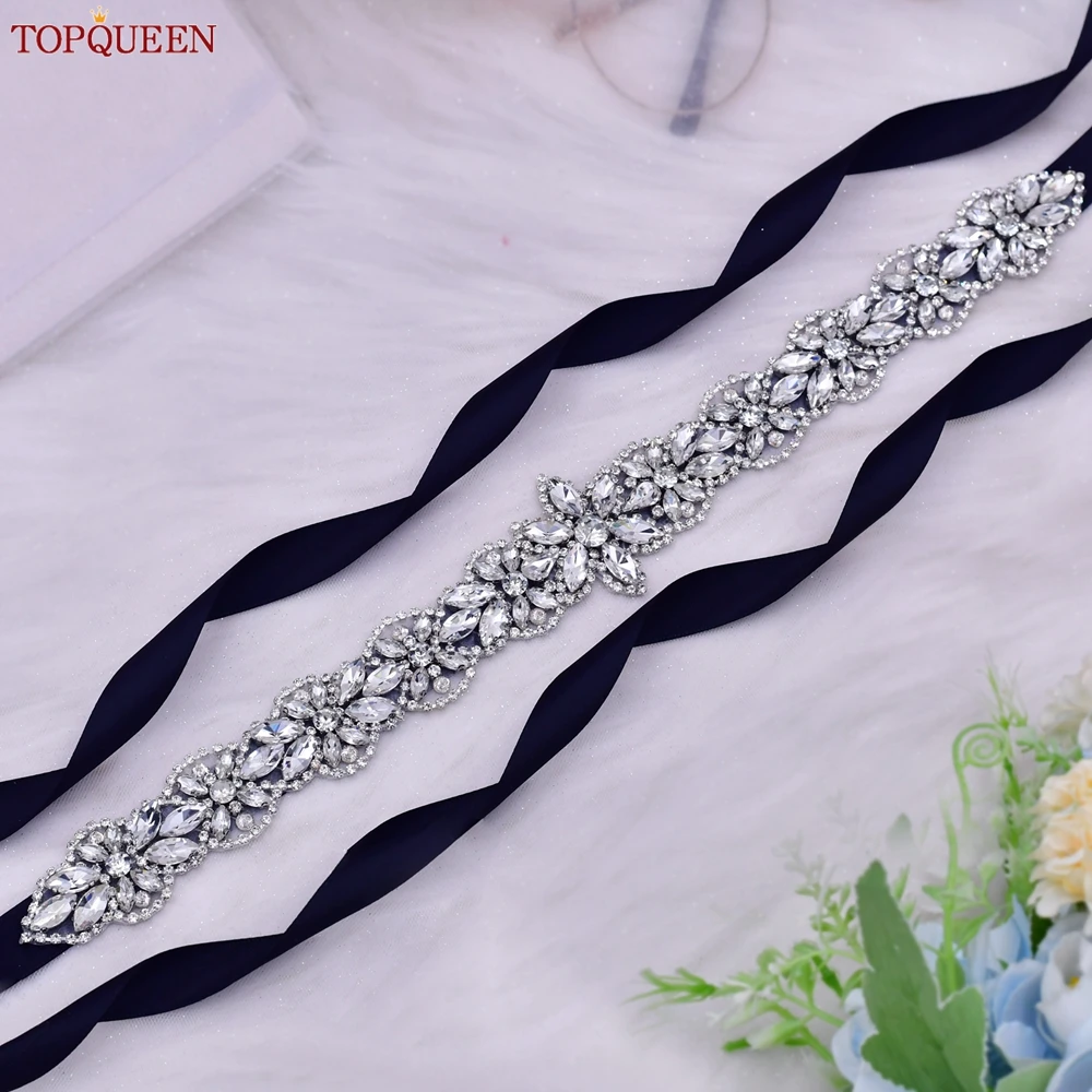 TOPQUEEN – ceinture de taille S21 pour robe de mariée en argent et strass, accessoires de luxe de styliste, ruban en Satin