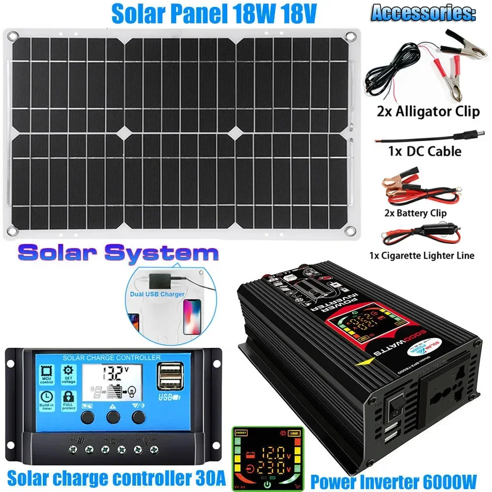 6000W Inverter Solar Power Generation System LCD Display Dual USB Battery Charger 18V Solar Panel 30A Solar Controller Grid Camp