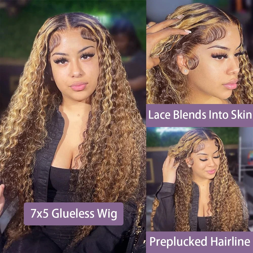 Glueless Wig 4/27 Colored 13x4 Lace Frontal Deep Wave Wig Pre Cut Curly Highlight Ombre 7x5 Lace Front Human Hair Wigs For Women