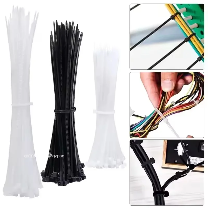 50/100pcs Black White Cable Ties High Tensile Strength Uv Resistant Self-Locking For Home Office Cord Management