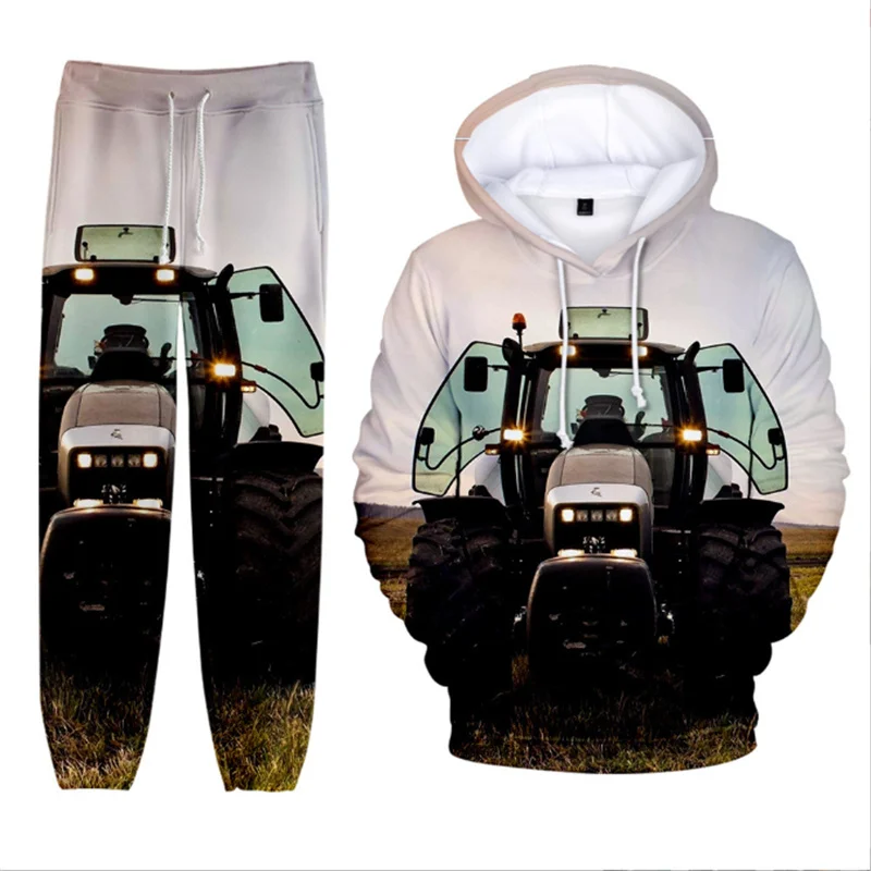 Herfst En Winter Set Heren Lange Mouwen Sport Hoodie Hoodie Broek Tractor Patroon 3d Print Set Hoodie Enkelbroek