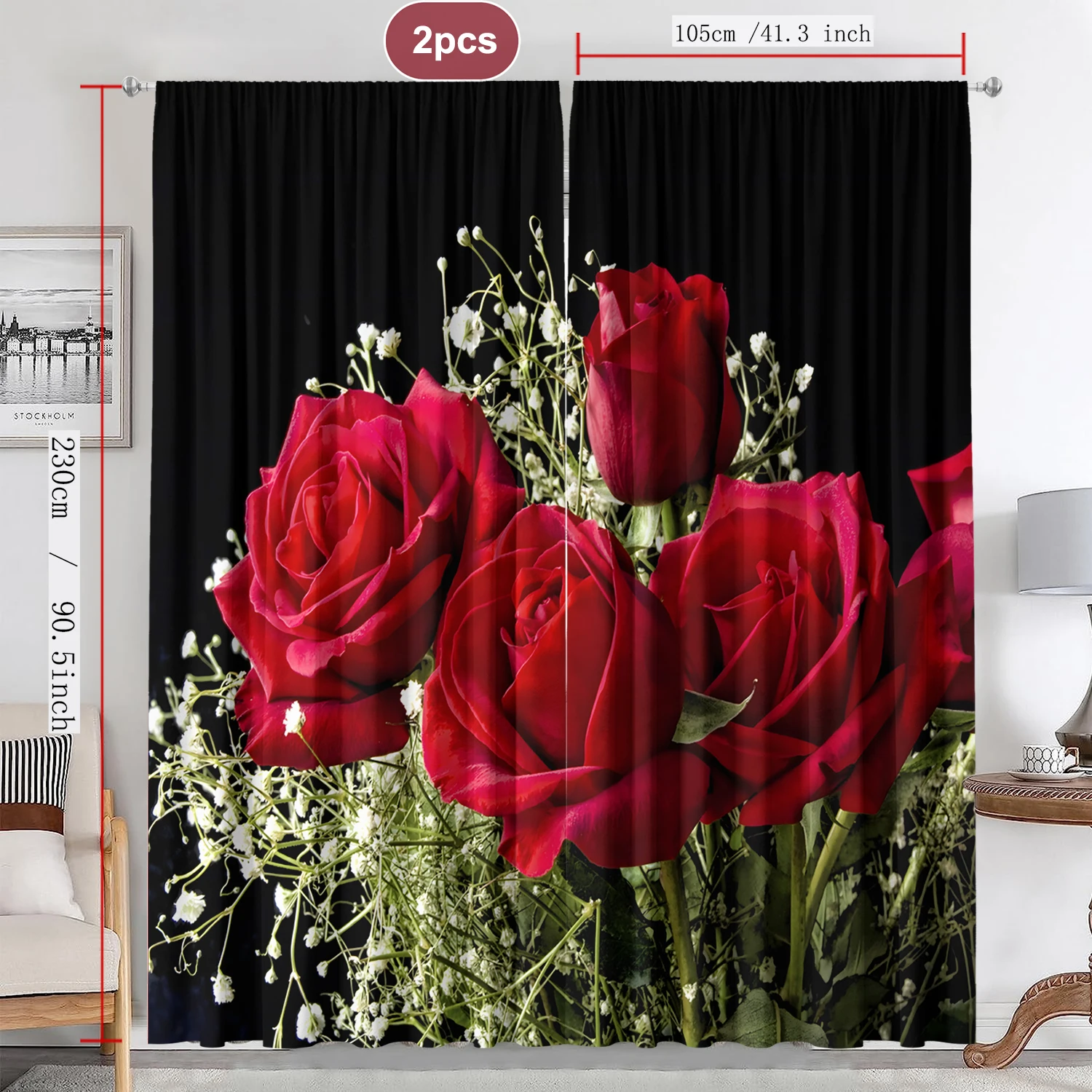 2PC Home Decoration Curtains, Rose Flowers With Pole Bag Curtains, Kitchen, Coffee Shop, Living Room, Balcony,Garden