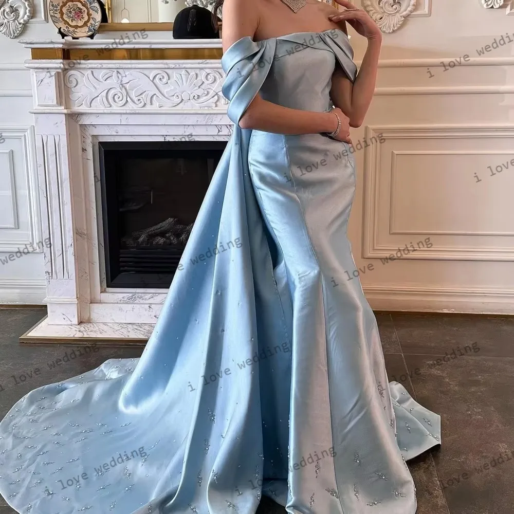 Suknie ślubne 2025 Sky Blue Suknia ślubna dla kobiety z odkrytymi ramionami Satynowe eleganckie suknie wieczorowe na zamówienie