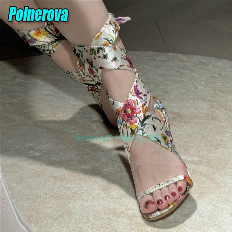 Flower Print Satin Wedge Sandals Open Toe Ankle Lace-Up High Heels for Women Summer New Fashion Elegant Lady Party Shoes