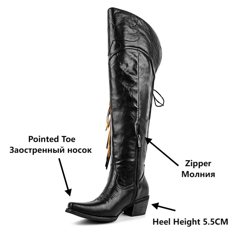 Onlymaker Women Pointed Toe Side Zipper Fringe Western Cowgirl Boots Chunky Heel Adjustable Thigh High Cowgirl Boot