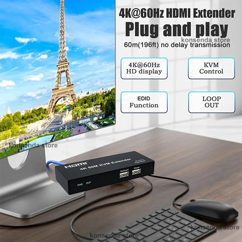 4K 60Hz HDMI KVM Extender 60M over Rj45 Cat6 Cable HDMI USB Extender Video Transmitte Receiver Kit Support Mouse Keyboard PC NVR