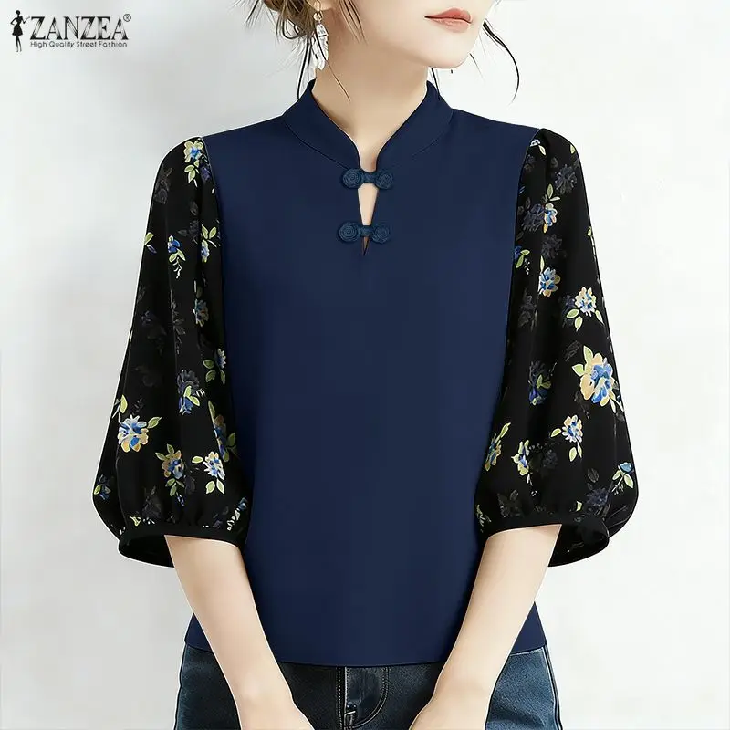

Элегантные женские блузки ZANZEA с цветочным принтом, рукавами 3/4, воротником-стойкой, контрастными вставками, летние повседневные топы в стиле ретро, Blusas de Mujer