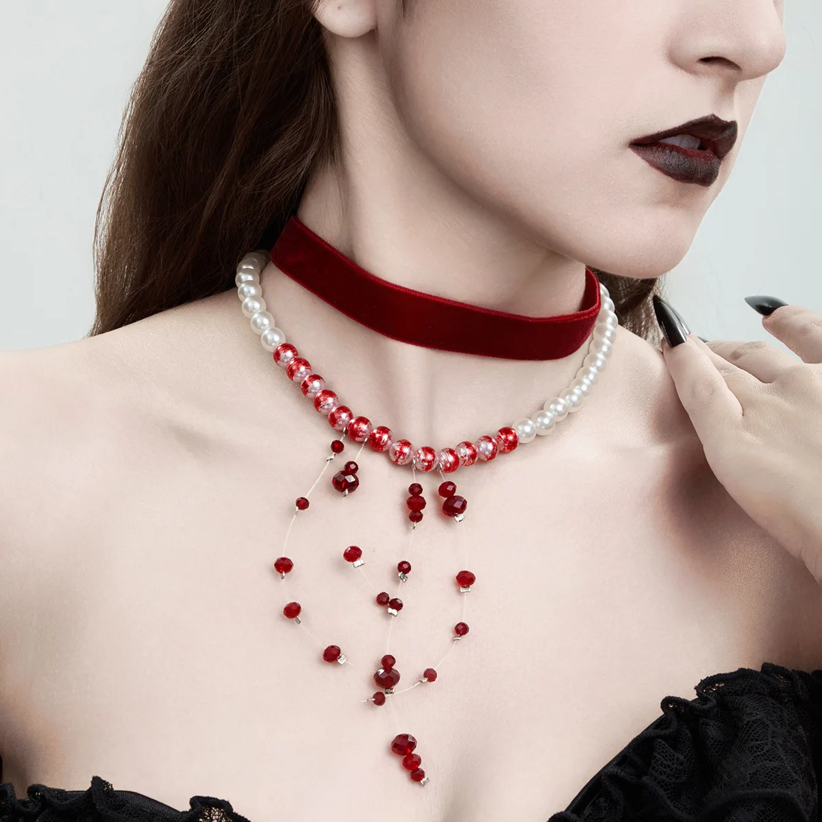 Red Velvet Chain Red Blood Pattern Imitation Pearl Tassel Pendant Necklace for Women Goth Crystal Bead Chain Halloween Jewelry