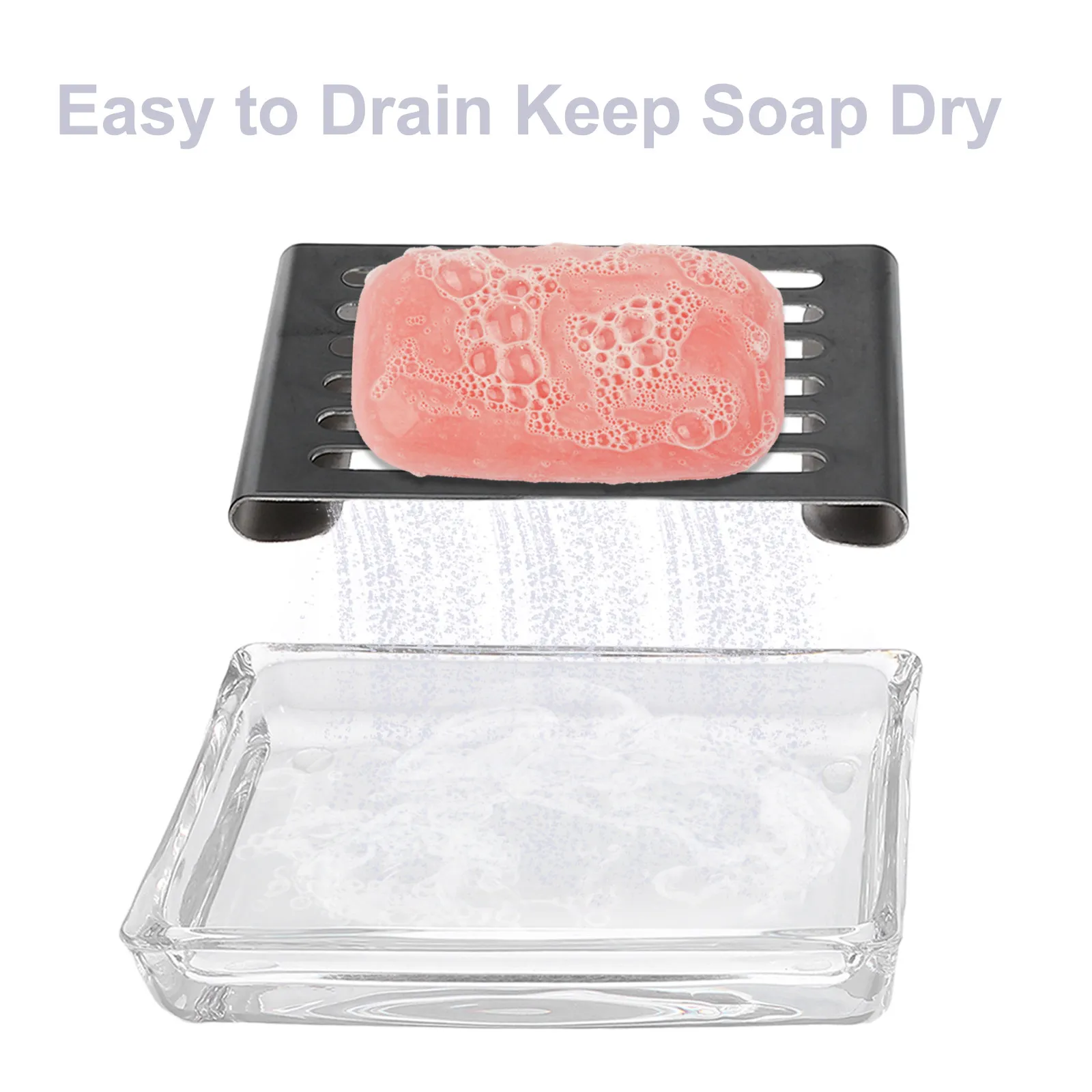 Glass Soap Tray with Drainage System Self-Draining Open Bottom Soap Dish for Bathroom Shower Kitchen Countertop Decorative
