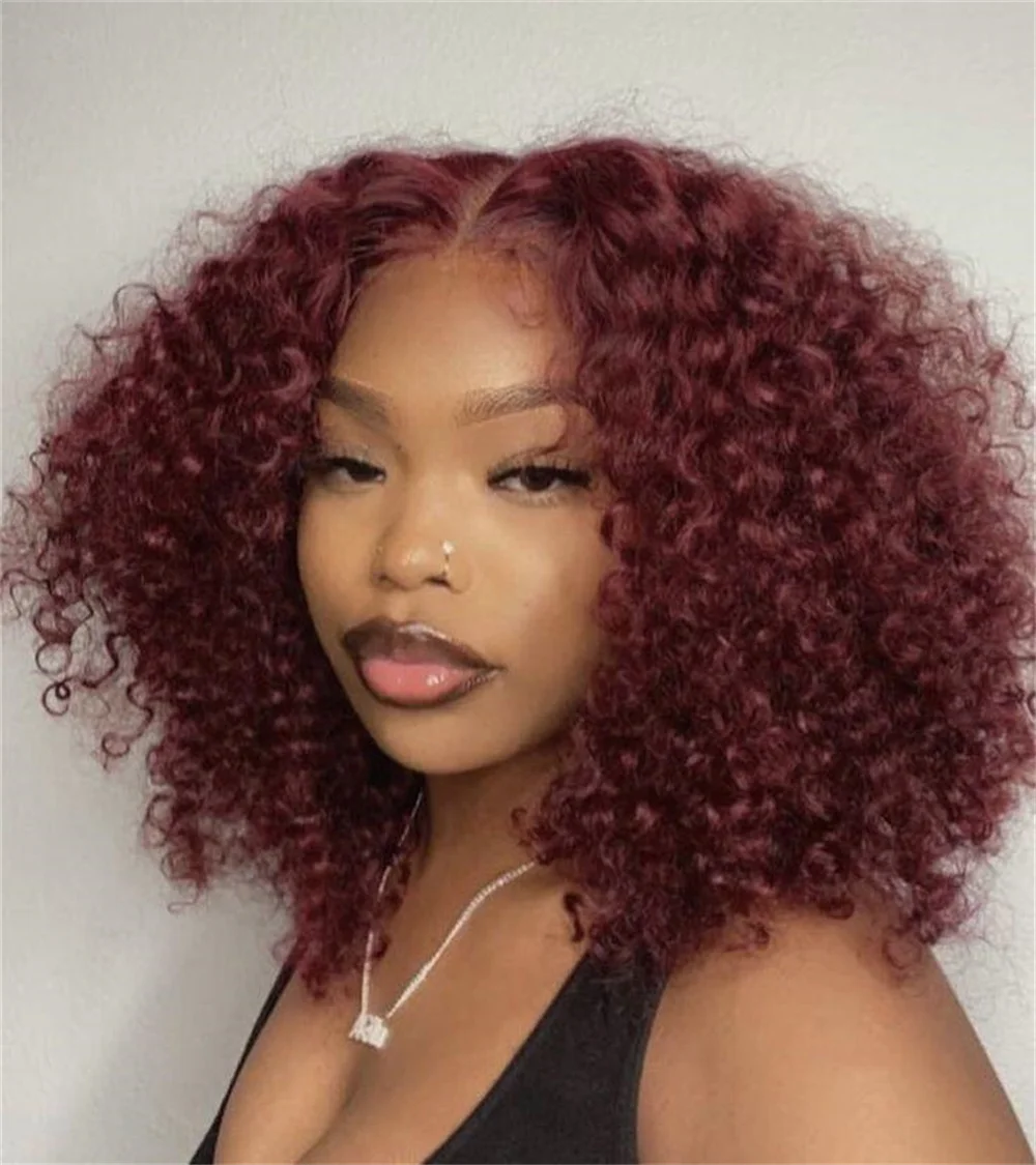 شعر مستعار ناعم طويل غريب مجعد بورجوندي 26 بوصة بدون صمغ 180 كثافة باروكة أمامية من الدانتيل للنساء السود مع شعر أطفال مقطوف مسبقًا يوميًا