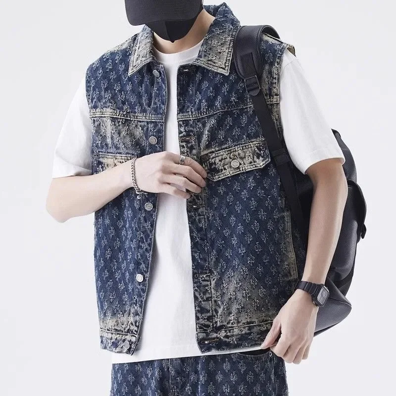 

Джинсовый жилет High Street Edgy унисекс, летняя прохладная погода, свободная куртка без рукавов с рисунком для мужчин ​