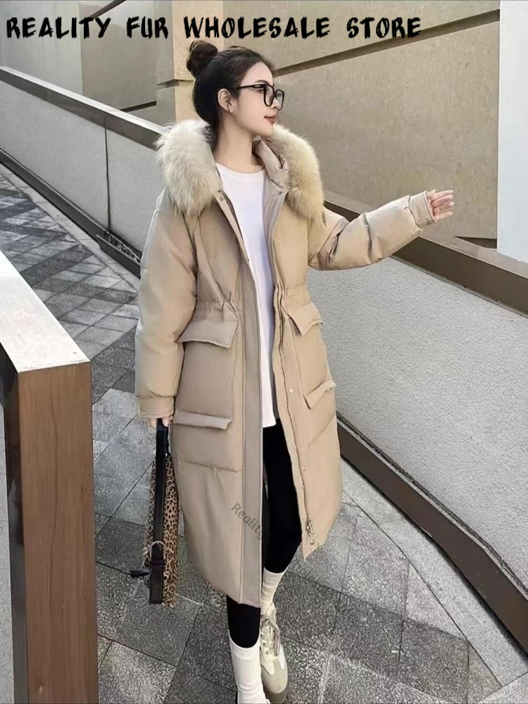 Ladies Fur Overcoat with Hood Winter Cozy Real Fur Oversized Parka Genuine Fur Soft Outerwear Windproof Everyday Wear Fashion
