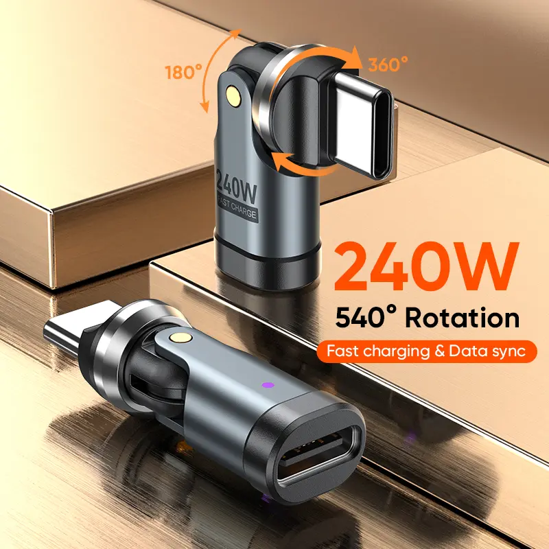240W USB-C to USB-C Right-Angle Adapter, 360°/180° Rotating, 480Mbps