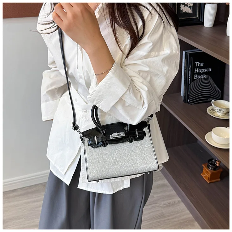 

​​Luxury Bright Diamond Kelly Bag Platinum Women's Handbag High-End European Style Silver Lock Work Bag​​