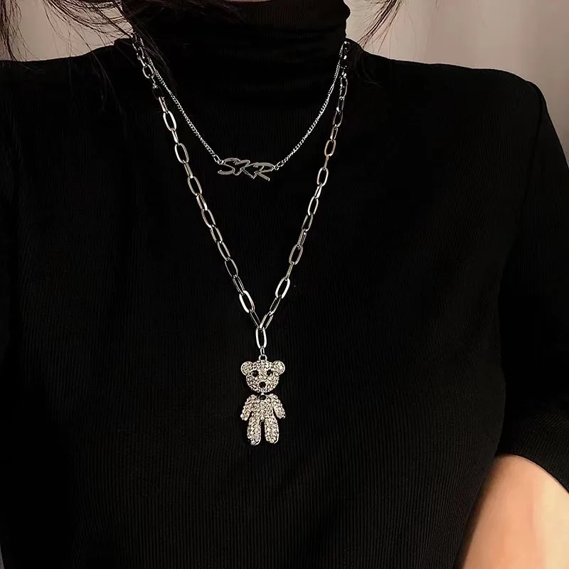 

Rhinestone Bear Pendants For Women Fashion Long Layered Necklace Ladies Street Exaggerate Birthday Gift Girls Chains Necklaces