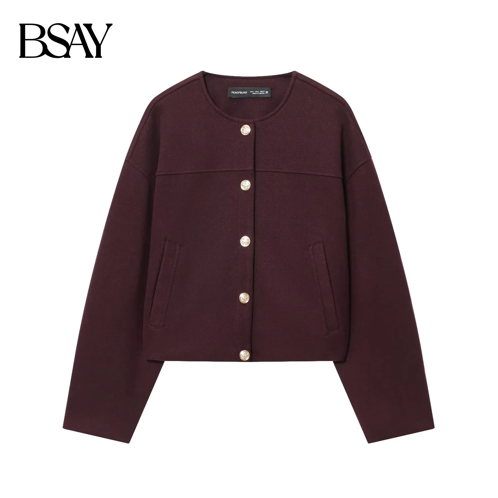 

BSAY Осенний новый продукт: женская куртка со свободной талией и круглым вырезом 2025 года, мягкая куртка с золотыми пуговицами, модное повседневное пальто