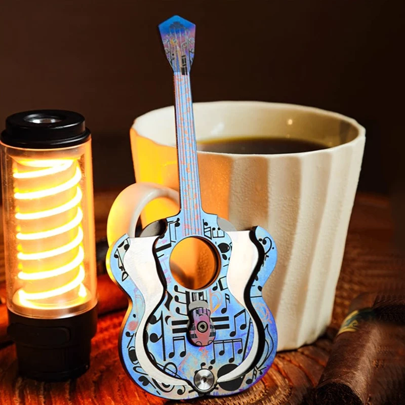 Creative Portable EDC Titanium Alloy Guitar Cigar Scissor Tool with Leather Cover