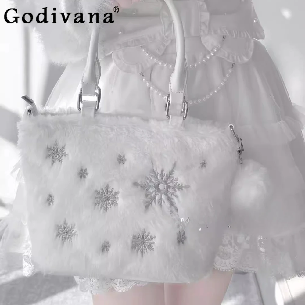 Sweet Cute Plush Snowflake Pearl Rhinestone Chain Tote Bag Mine Series Mass Production Good Handbag