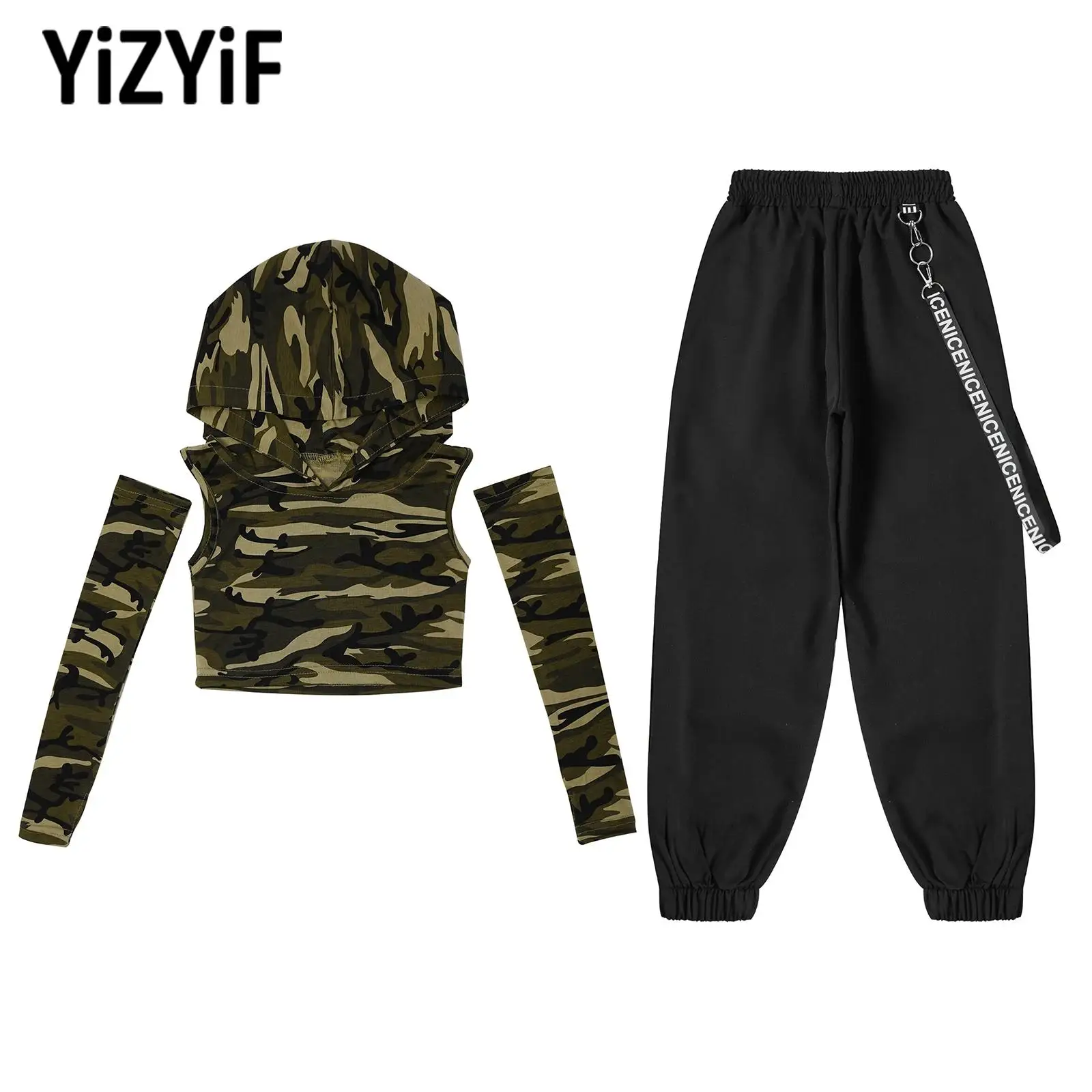 Kids Girls 2 Pcs Jazz Dance Costume Outfit Sleeveless Camouflage Printed Hooded Crop Top with Gloves And Pants Performance Set