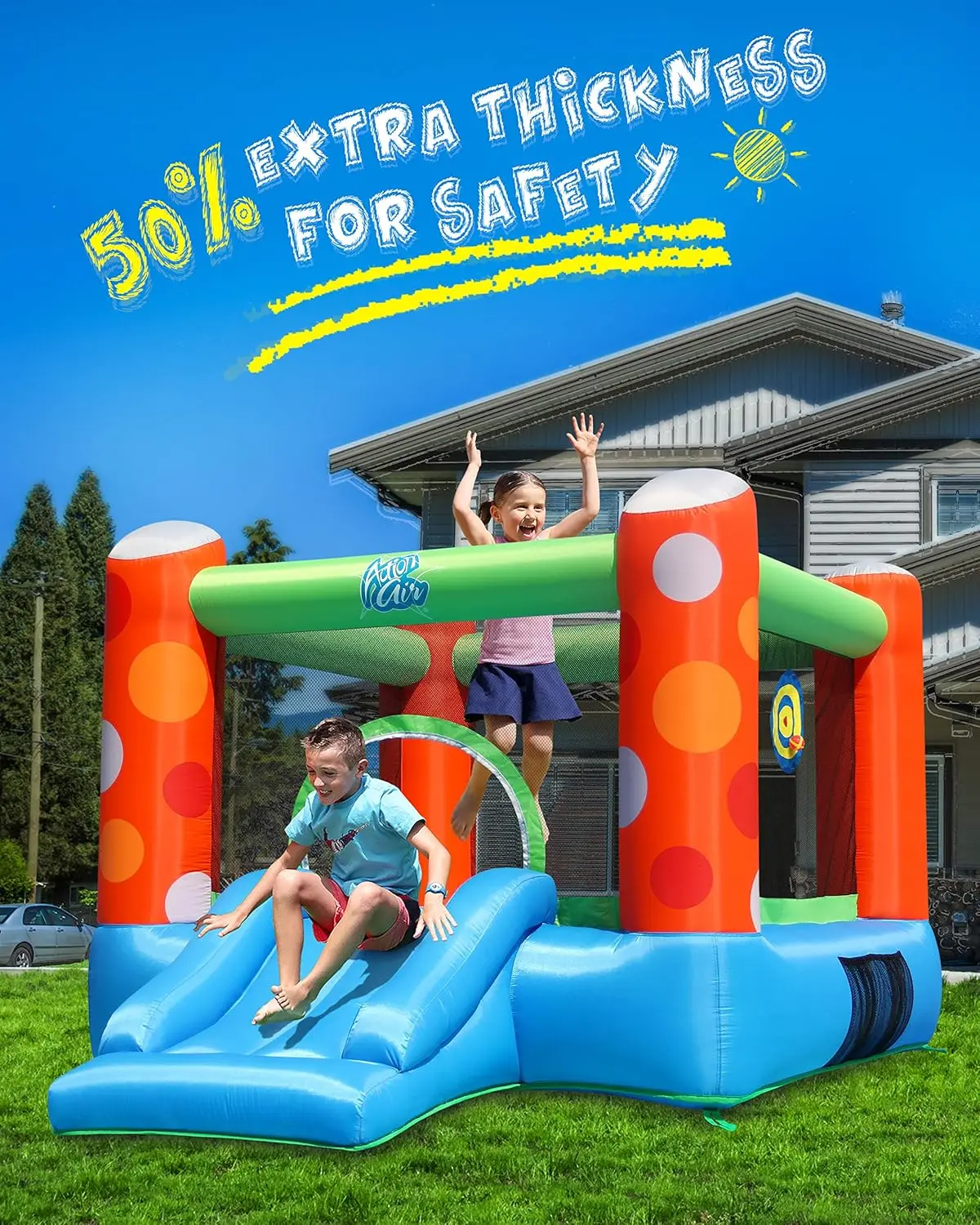 Bounce House, Inflatable Bounce House with Air Blower, Bouncy Castle with Durable Sewn and Extra Thick, Family Backya