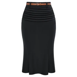 BP-Saia sereia vintage feminina com cinto, acima do joelho, bodycon ruched, cintura alta, saias elegantes de treino OL, estilo coreano