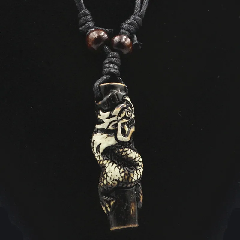 Simulation Bone Carving Totem Dragon Pendant Boy Men's Ethnic Wood Beads Necklace Amulet Lucky Gift MN112