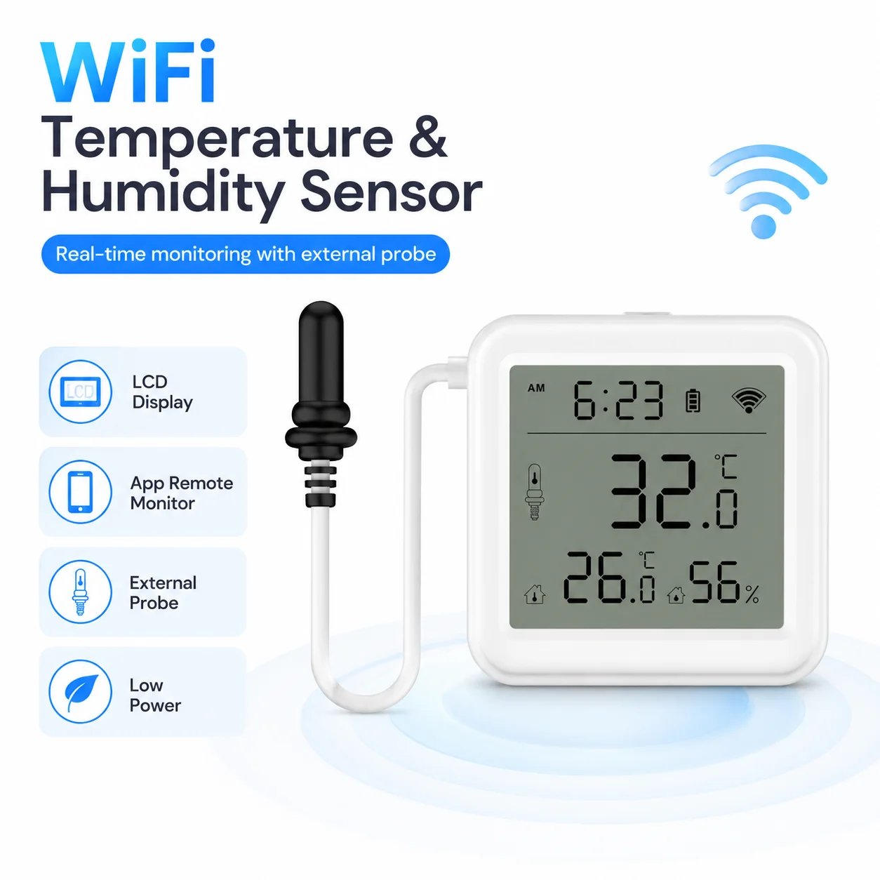 WiFi Temperature Humidity Sensor with 1M External Probe LCD Thermometer Hygrometer for Smart App Alert Compatible with Refrigera