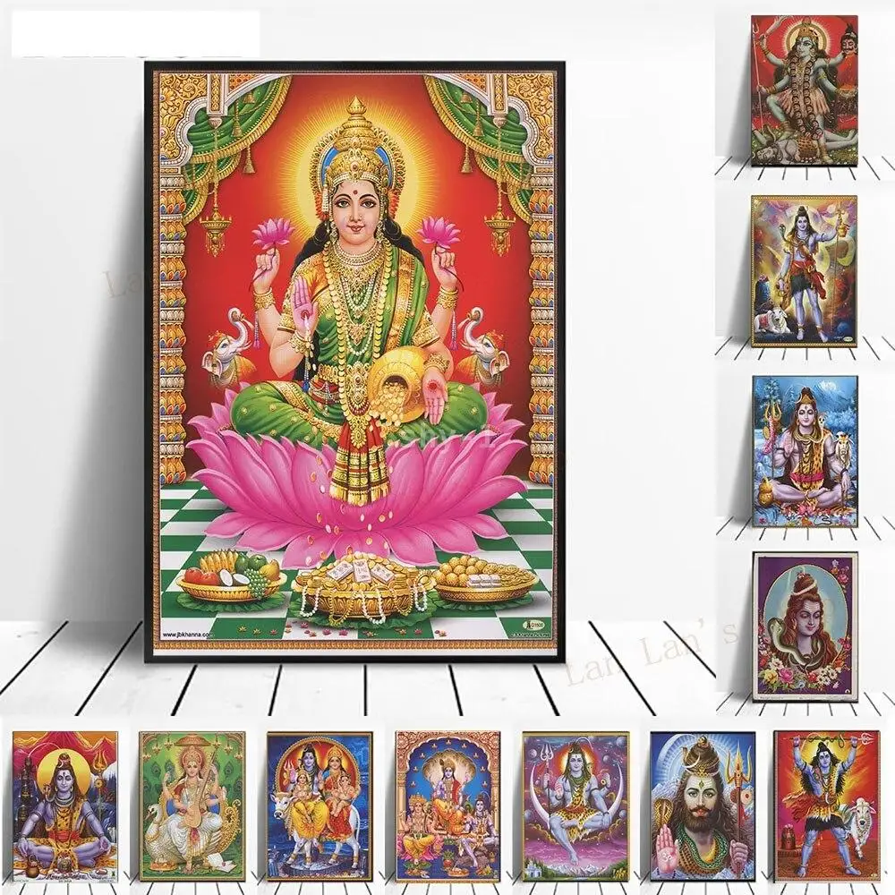 Hindu Deities Canvas Art  Vintage Durga Shiva  Vishnu Wall Decor Print for Living Room