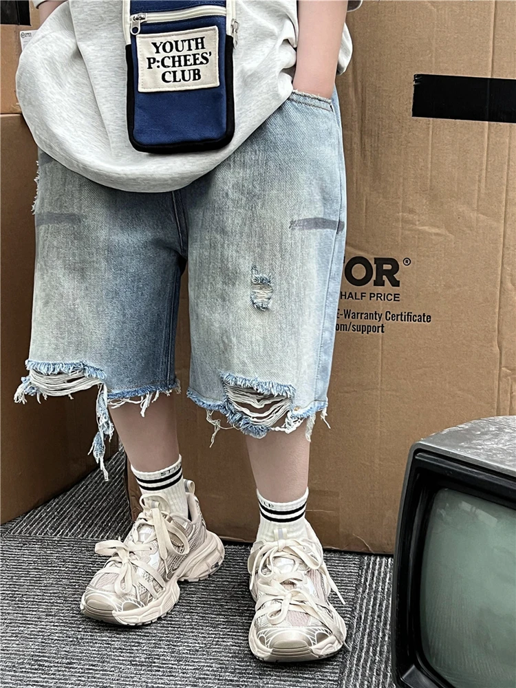2-8Years Boys Denim Shorts Summer New Kids Graffitied Ripped Pants Children Cotton Casual Knee Length Shorts