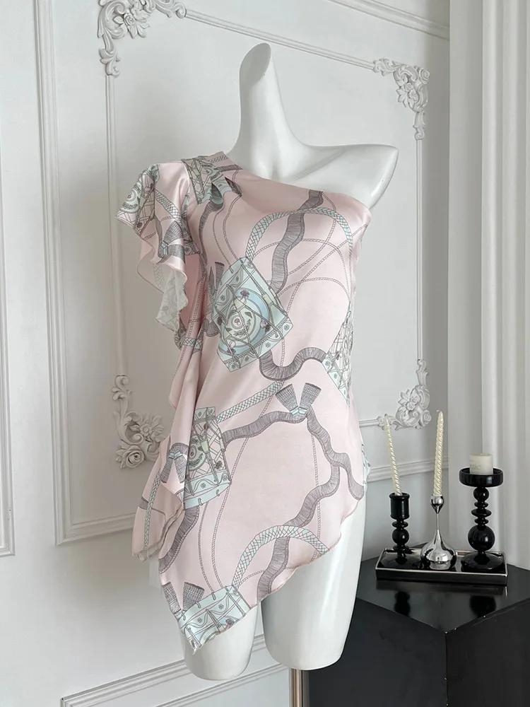

Women‘s Summer Blouse Slanted Shoulder Lotus Leaf Sleeve Printed Top Casual Versatile Unique Irregular Satin Shirt BL197
