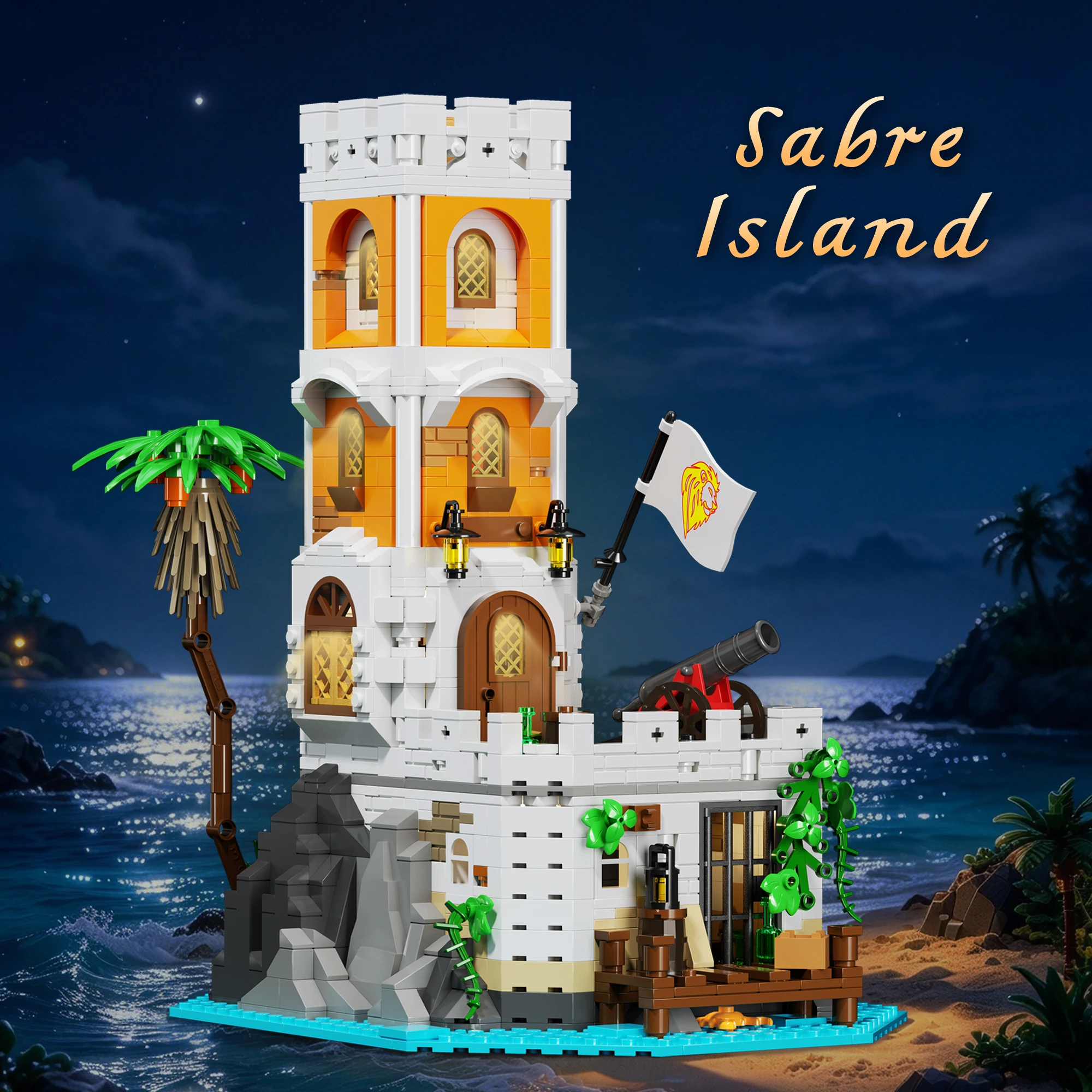 1488PCS Pirate Island Fortress Building Blocks Sabre Island Model Bricks With Light DIY Toys Desktop Ornaments Holiday Gifts