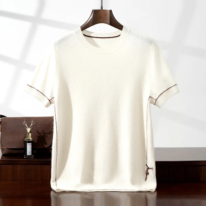

Exquisite 100% Cashmere Short Sleeve Men's T-Shirt Fashion Round Neck Knitted Half Sleeve Thin Loose Casual Business Sweater