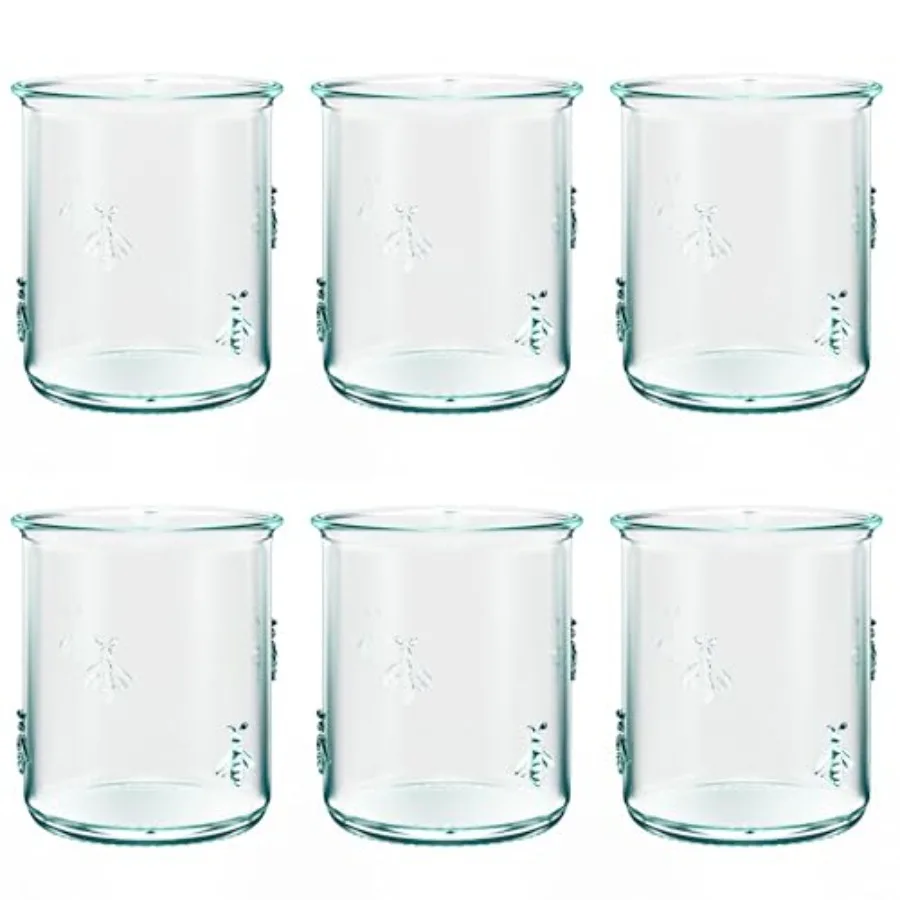 Regina DOF Glass Italian Made Recycled Green Glass Drinking Glass with Embossed Bee Design for Water Juice Iced Tea Cocktails S
