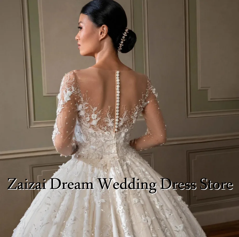 Customized Luxury Ball Gown Floral Wedding Dress Women Romantic O Neckline Shiny Appliques Stylish Delicate Long Bride Wear