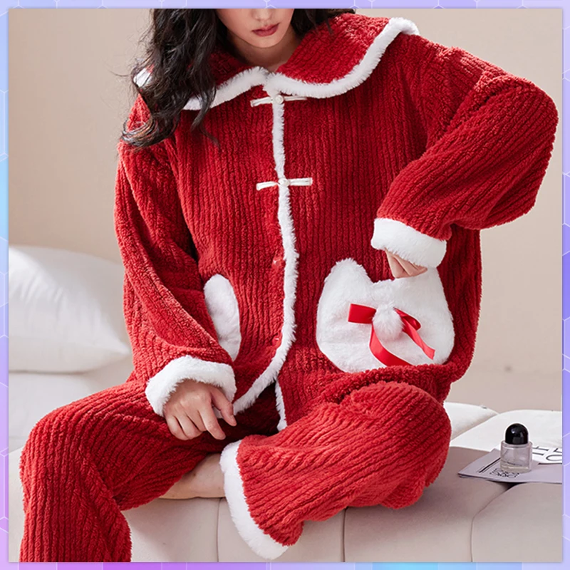 

Plus Size Coral Velvet Women's Winter Long Sleeve Pajamas Pants Set Warm Pajama Sets Sleepwear Cute Rabbit Pijama Homewear Suit