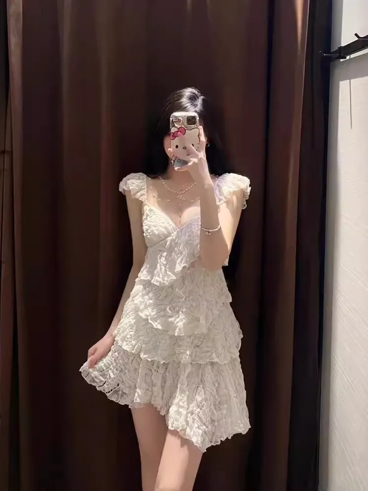 Verão 2025 Nova Faion Lace Em Camadas Decoração Strap Dr Feminino 229890 72 Doce Cintura Alta Fly Sve Poliéster Bolo Sk...