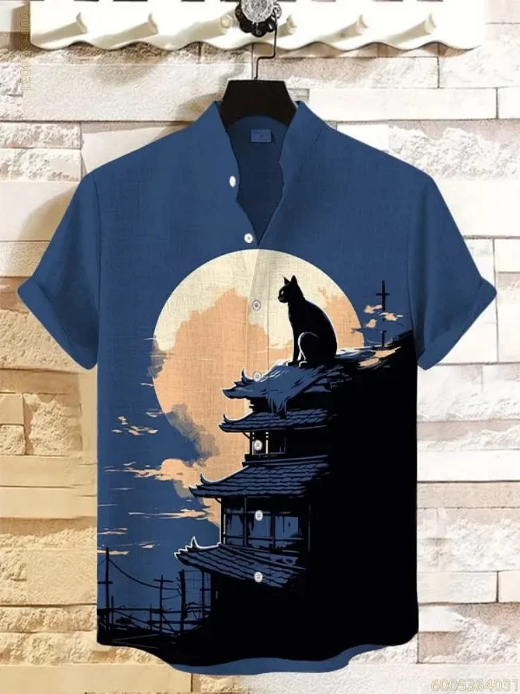 Men's shirt with moonlit ancient tower, black cat print, Hawaiian style, short-sleeved, trendy, fashionable, and comfortable.