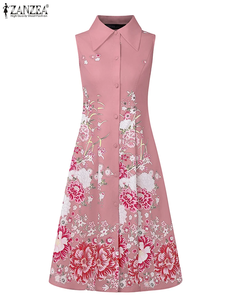 

Knee-Length Sundress Women Vintage Floral Printed Dress Sleeveless Lapel Neck Vestido 2025 ZANZEA A-Line Elegant High Waist Robe