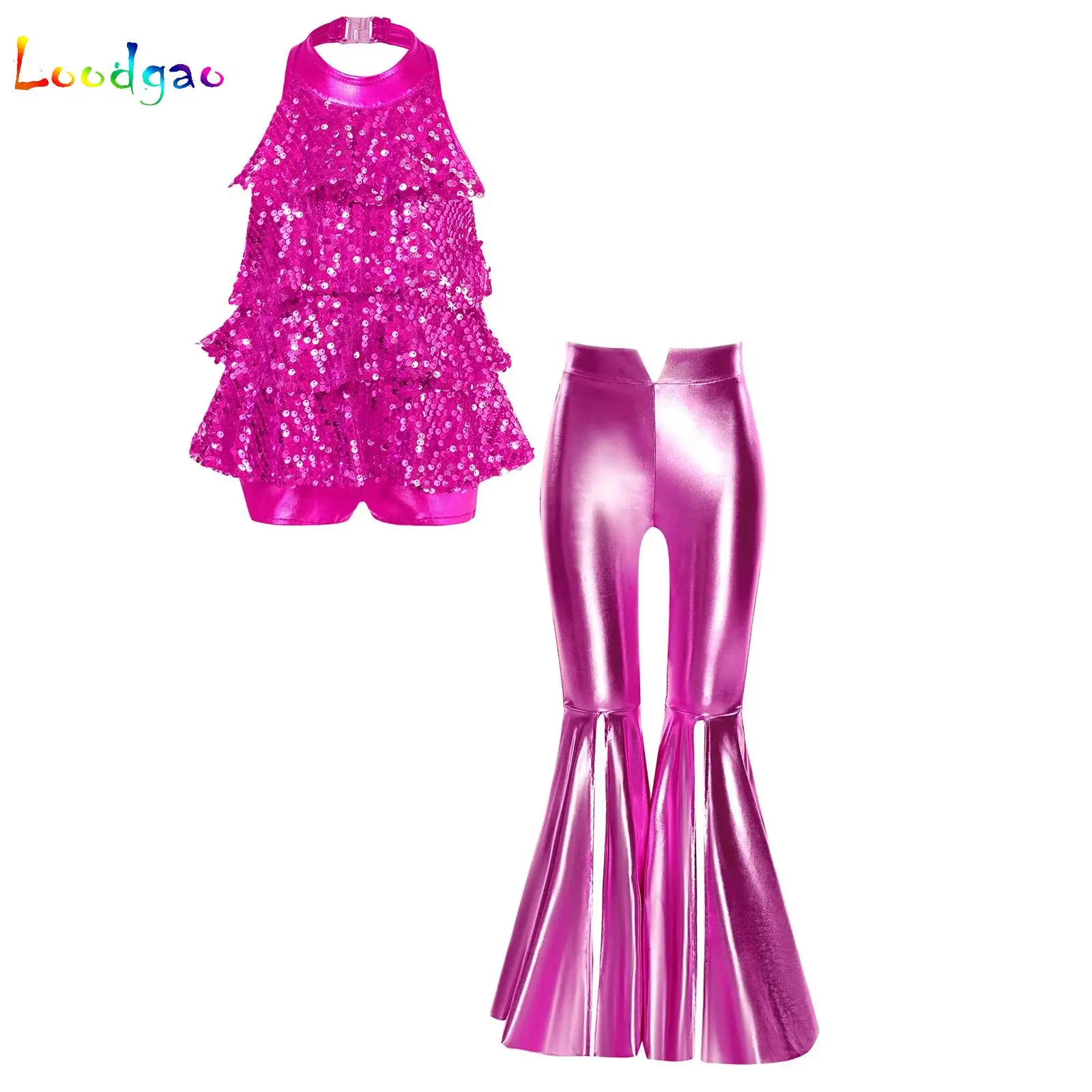 

Kids Girls Retro Disco Modern Dance Costumes Set Jazz Latin Dance Outfit Halter Sequins Ruffles Leotard+Bell-bottom Pants Suits