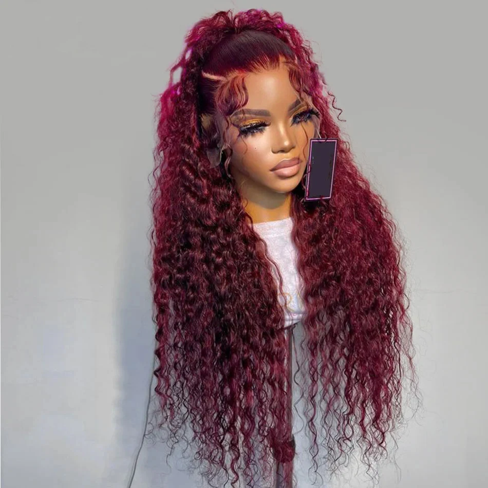 34 Inch Burgundy 13x4 Hd Lace Frontal Human Hair Wig Deep Wave Curly Wigs For Women Water Wave Colored 99j Red Lace Front Wig image 2