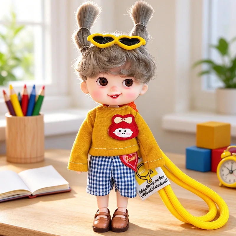 14cm Cute Smile Doll With Clothes Bag Charms Joints Moveable Ob11 Doll Keychain Pendant Children Toy Birthday Gift Dress Up Toy