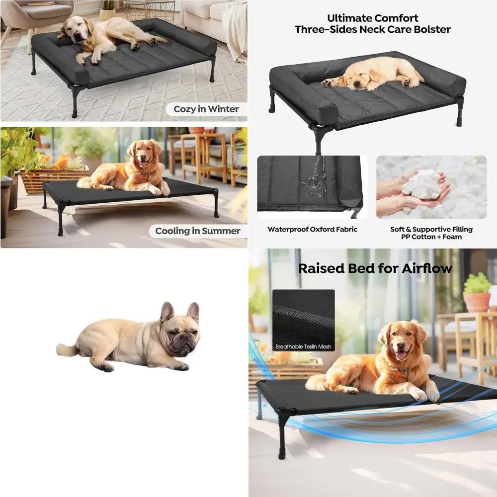 

Elevated Dog Bed with Removable Waterproof Bolster Cushion, Breathable Mesh, Non-Slip Feet, Suitable for Indoor and Outdoor Use,